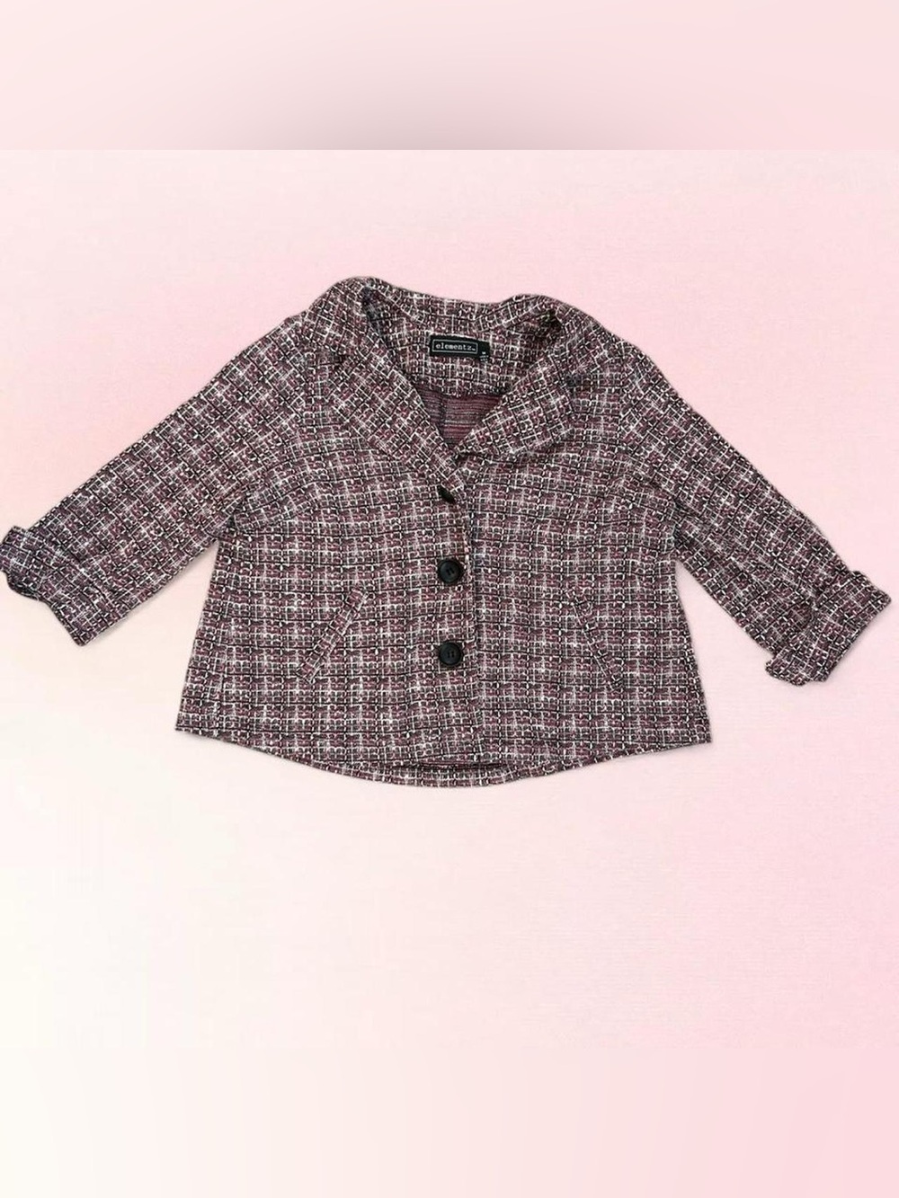 VTG Y2K Elements Tweed Cropped Button Up Blazer 3/4 Sleeve SZ M Preppy Twee